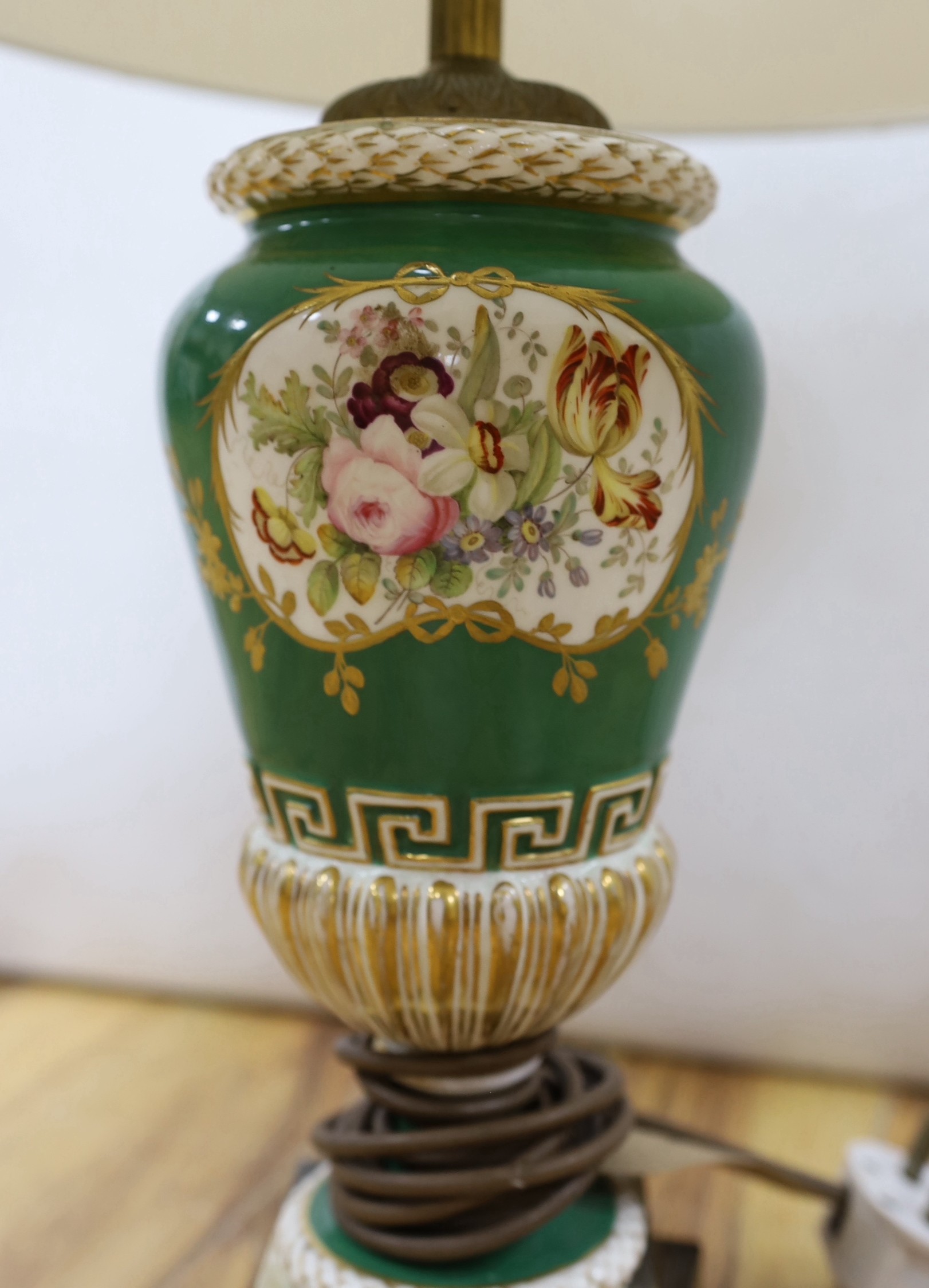 A Coalport style green and gilt ground floral painted vase, fitted as a table lamp